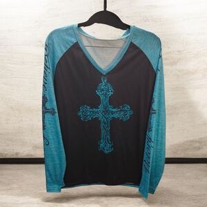 Shein Women's Teal and Black Long Sleeve V-Neck Top with Cross Design